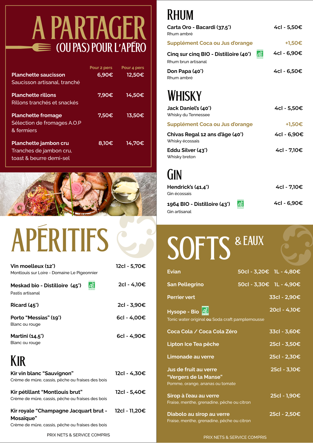 Carte des boissons (Planches, apéritifs, soft et eaux)