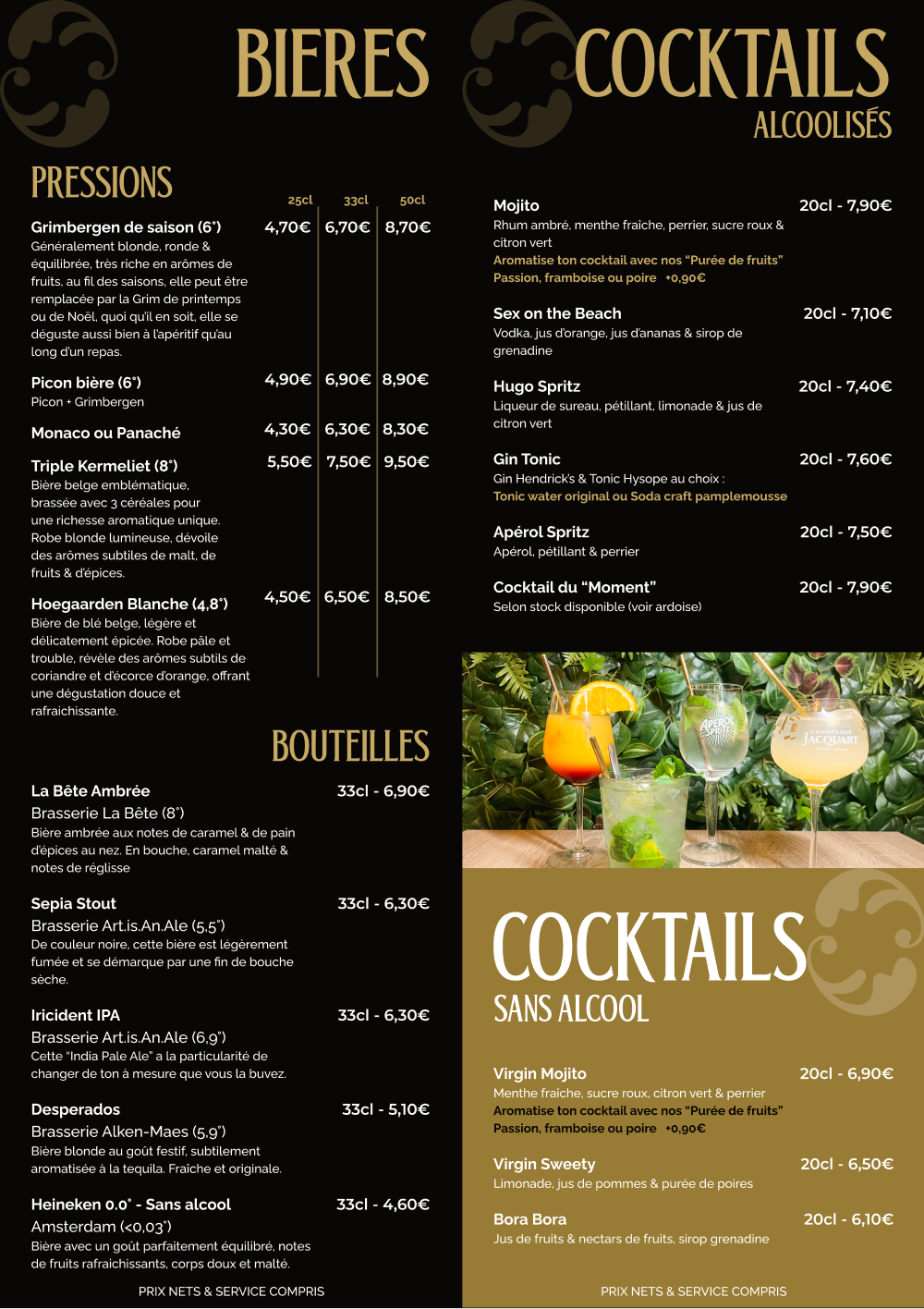 Carte des boissons (Bières, cocktails et cocktails sans alcool)