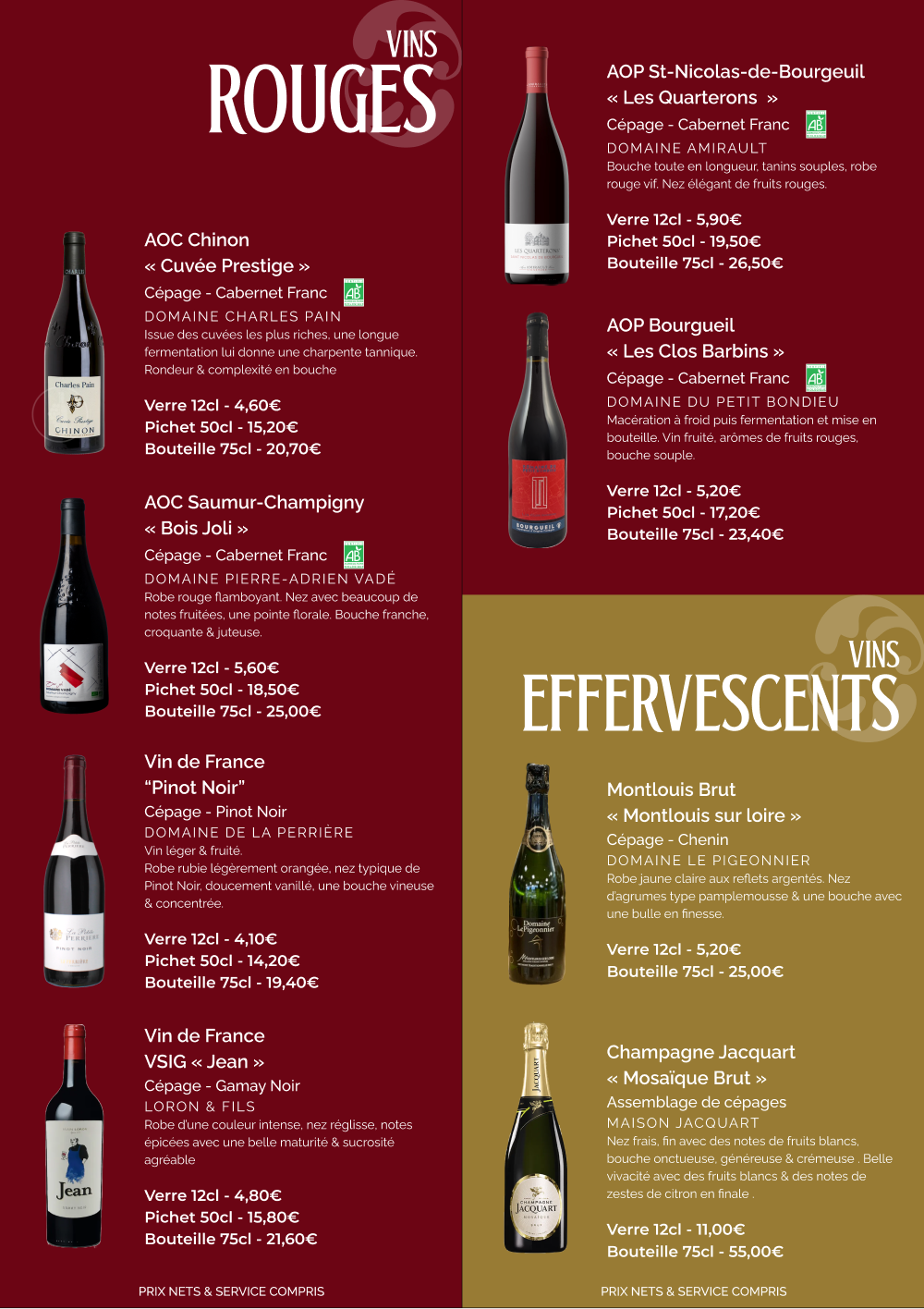Carte des boissons (vin rouge et vin effervescent)