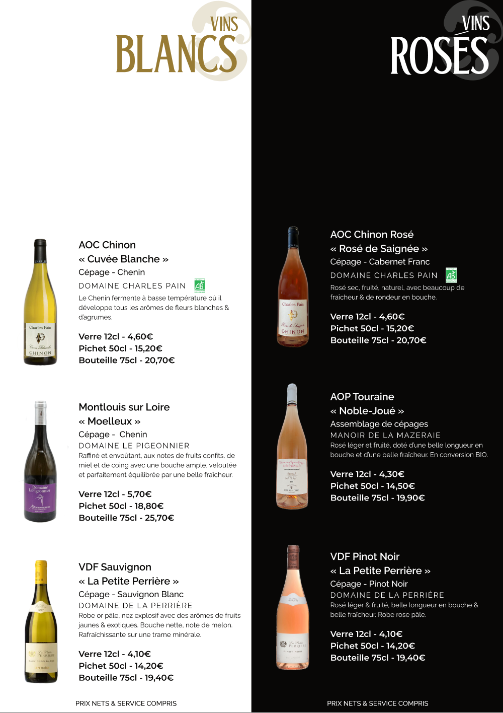 Carte des boissons (vin blanc et vin rosé)